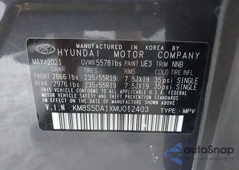 2021 Hyundai Santa Fe Hybrid Limited from USA, damaged, VIN KM8S5DA1XMU012403